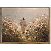 Jesus Leaves the 99 Sheep Wall Art Jesus and Lamb Christian Painting Wall Decor Good Shepherd Religious Faith Poster Canvas Prints for Living Prayer Room Bedroom 12x16 inch Wood Framed