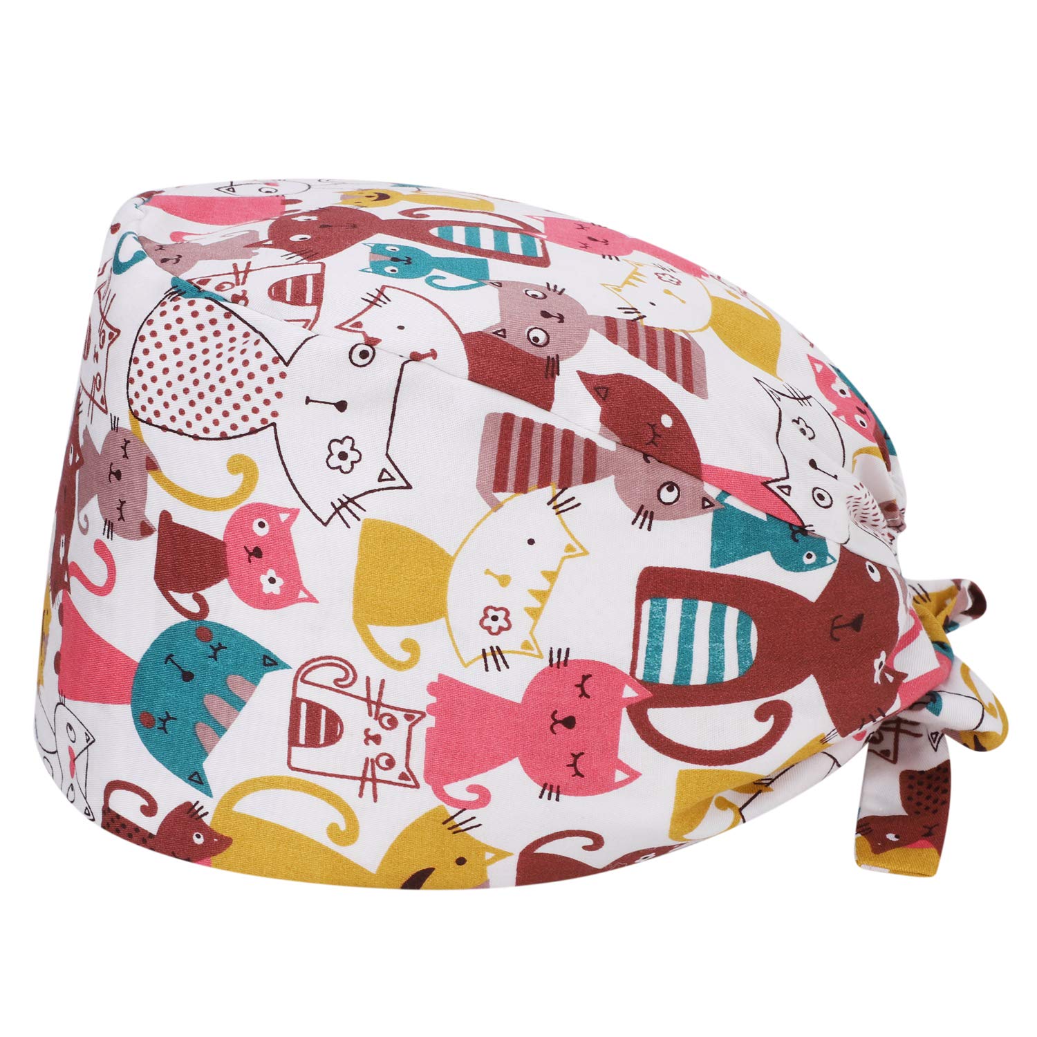 Scrub Cap Chef Hat for Women Men Cartoon Animal Printed Turban Cap Kitchen Cooking Hat Shower Cap Bath Cap Adjustable Tie Work Cap Elastic Band Spa Salon Cap Multipurpose Hat (Cat)