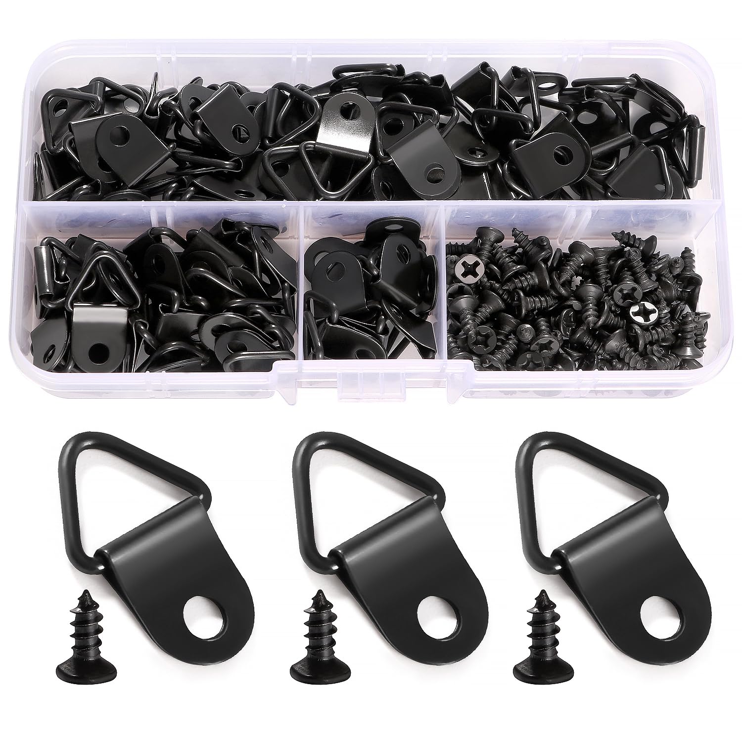 YIXISI 100 PCS Frame Hanging Hangers, Small Triangle Ring Picture Hangers, D Rings Picture Hanger, Triangle Ring Hanger with 100 PCS Screws, for Picture Photo Frame Hanging Home Decoration, Black