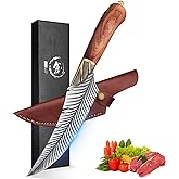 ROCOCO Feather Viking Boning Knife Japanese Forged in Fire Fancy Handmade Butcher Cleaver with Sheath Kitchen Outdoor Camping BBQ Collection Birthday Father Mother Christmas Day Gift 5.9"