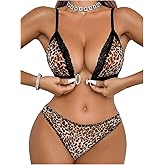 WDIRARA Women's 2 Piece Leopard Print Lace Lingerie Set Front Closure Wireless Bra Low Rise Panty Sets