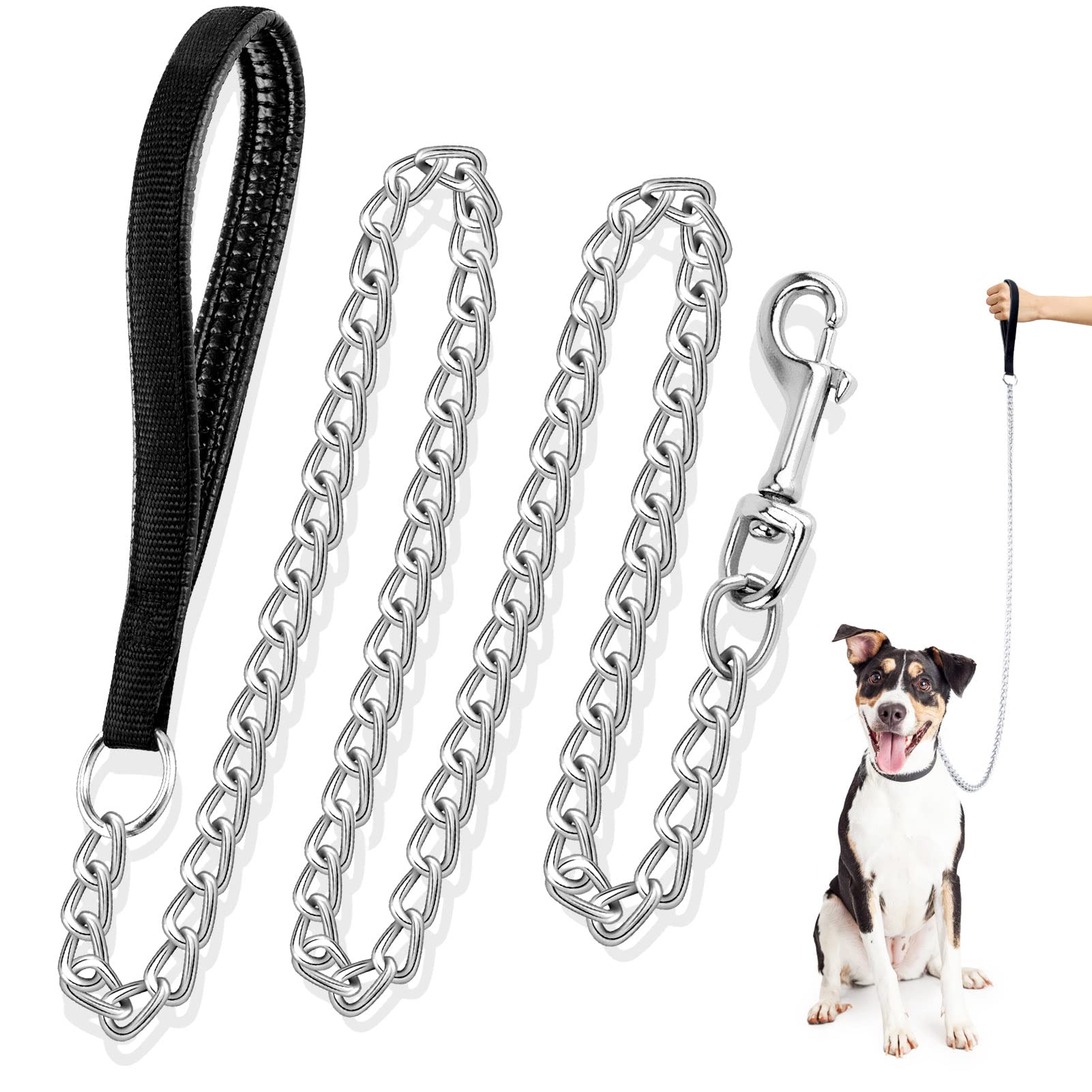 Dacitiery Metal Dog Chain Leash - Chew Proof 4FT/1.2M Heavy Duty Anti-Bite Lead With Nylon Soft Padded Handle for Small Medium Large Dogs (3MM)