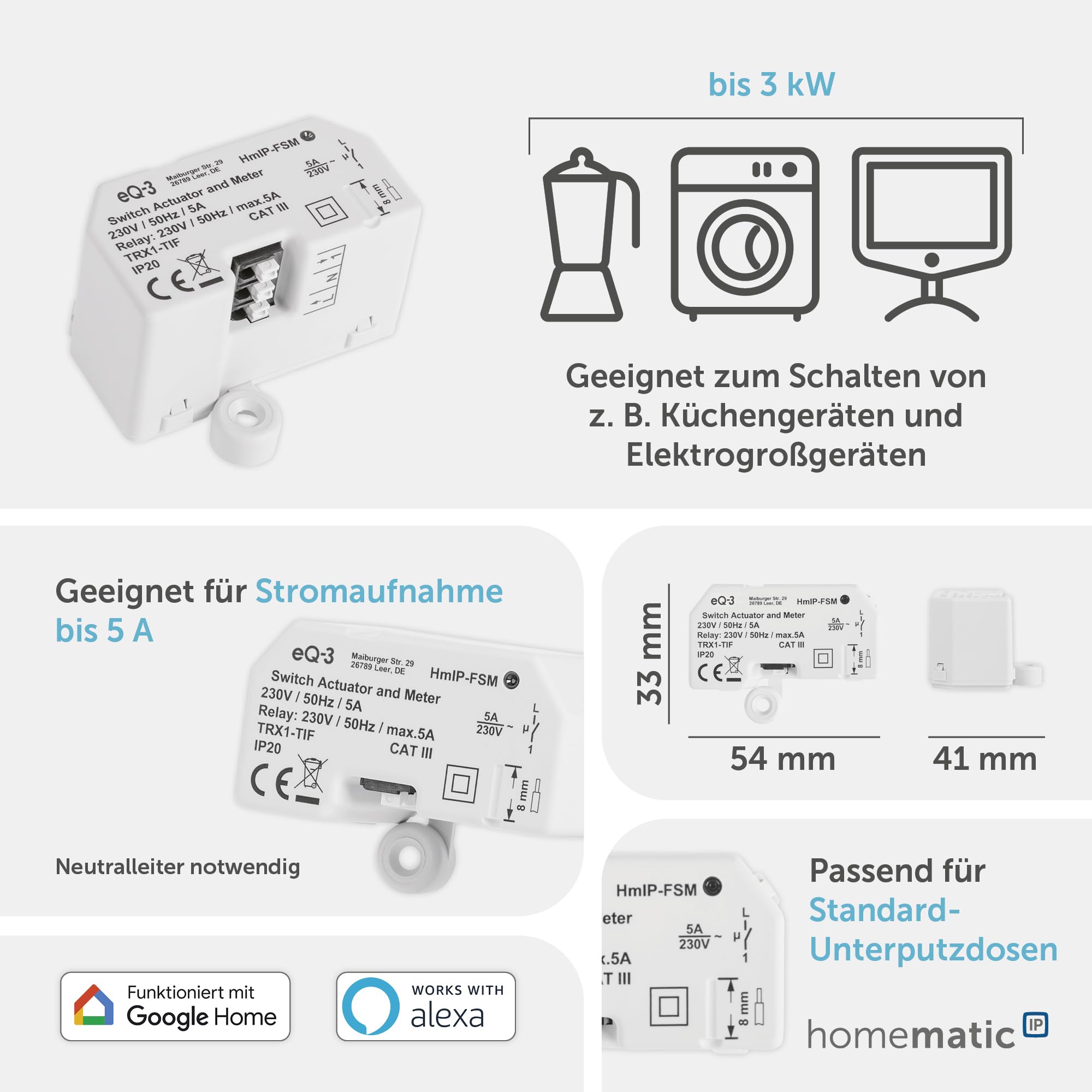 Homematic IP Schalt-Mess-Aktor – Unterputz, Smart Home, Aktor misst Strom,steuert Geräte und Leuchten per App, Alexa & Google Home, Energie sparen, 142721A0 3