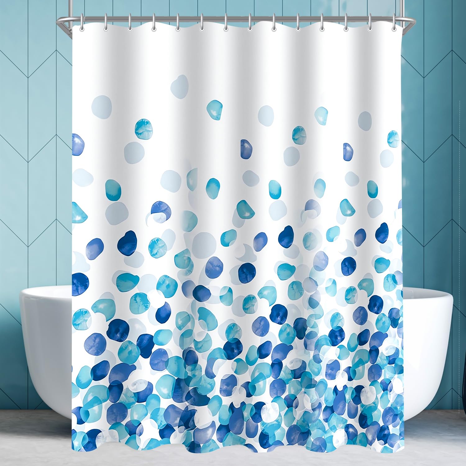 Lerores Shower Curtain, 80 x 180 cm, Blue Petals, Weighted Hem, Anti-Mould Textile, Water-Repellent, Washable Polyester Bath Curtains with Eyelets and 6 Shower Curtain Rings for Bathroom, Bathtub — image 1