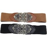 Micro Traders 2pcs Vintage Ladies Stretch Waist Belt Cinch Waistband Alloy Polyester Black Brown for Jeans Pants Dresses Coats Jacket Tunic Blouses, Brown,black, 62x7.1cm