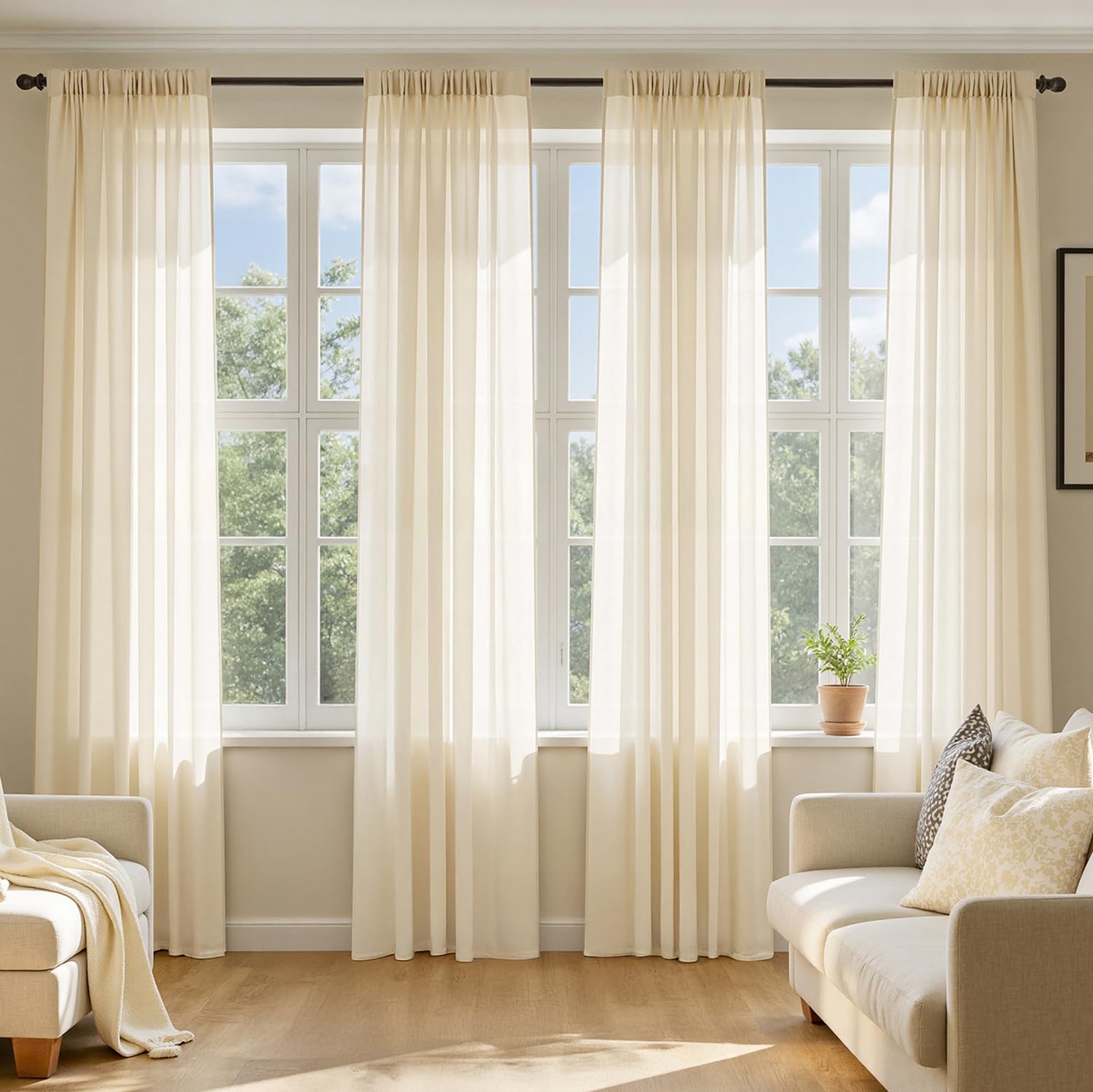 Photo 1 of MIULEE Butter Cream Sheer Curtains 96 Inches Long, 4 Panels Set, Rod Pocket Voile Drapes Light Filtering and Semi Transparent, Elegant Window Treatments for Bedroom Living Room,42 x 96 Inches