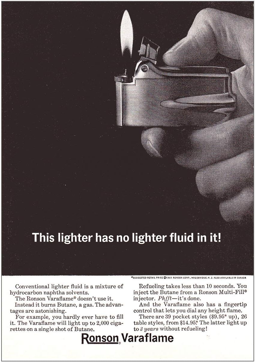 RelicPaper 1962 Ronson Varaflame Lighter: No Lighter Fluid in It, Ronson Print Ad