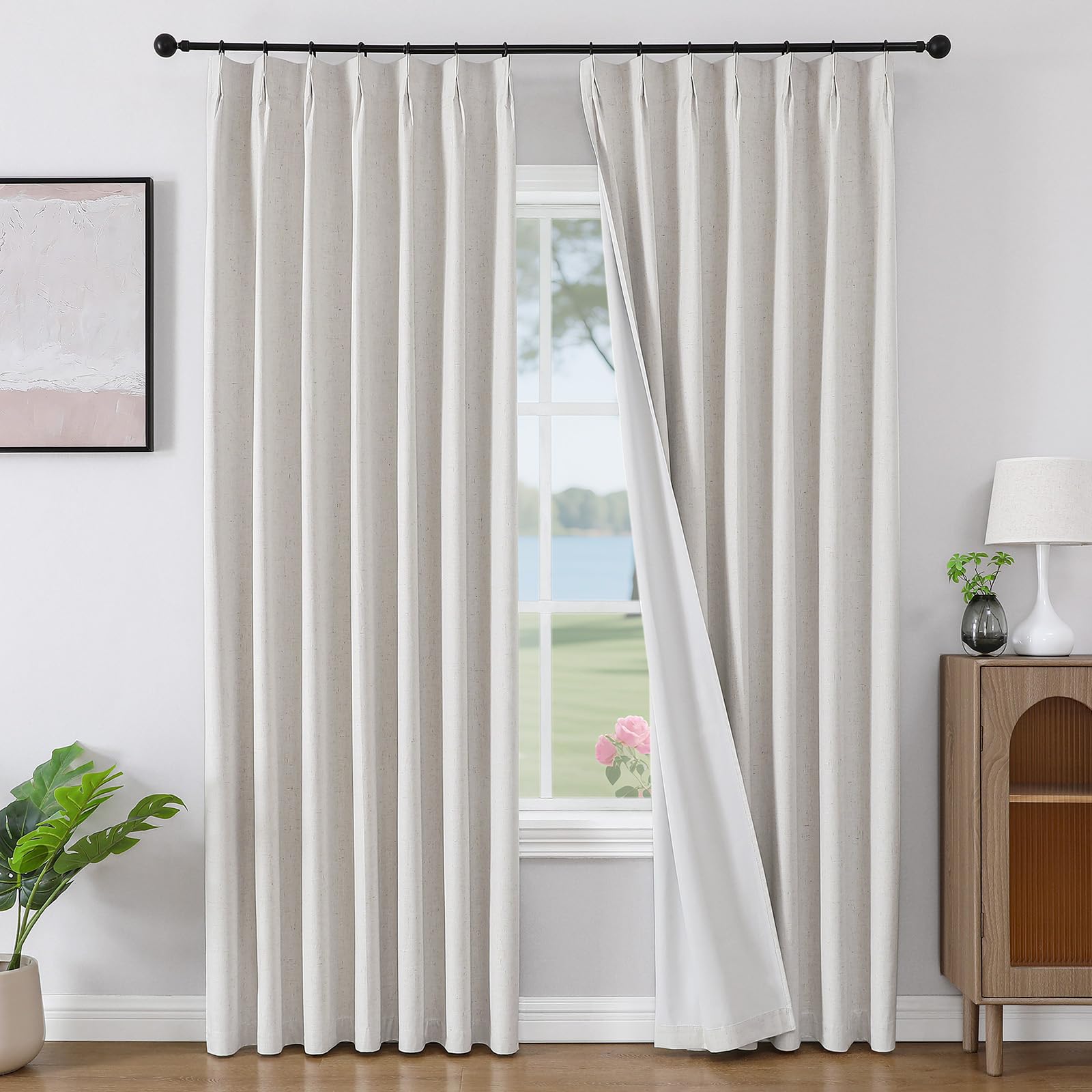 Joydeco Pinch Pleated Linen Curtains for Living Room, 100% Blackout Curtains 84 inches Long 2 Panel Thermal Insulated Pinch Pleat Drapes(Ivory,40'' Wx84'' L) Image