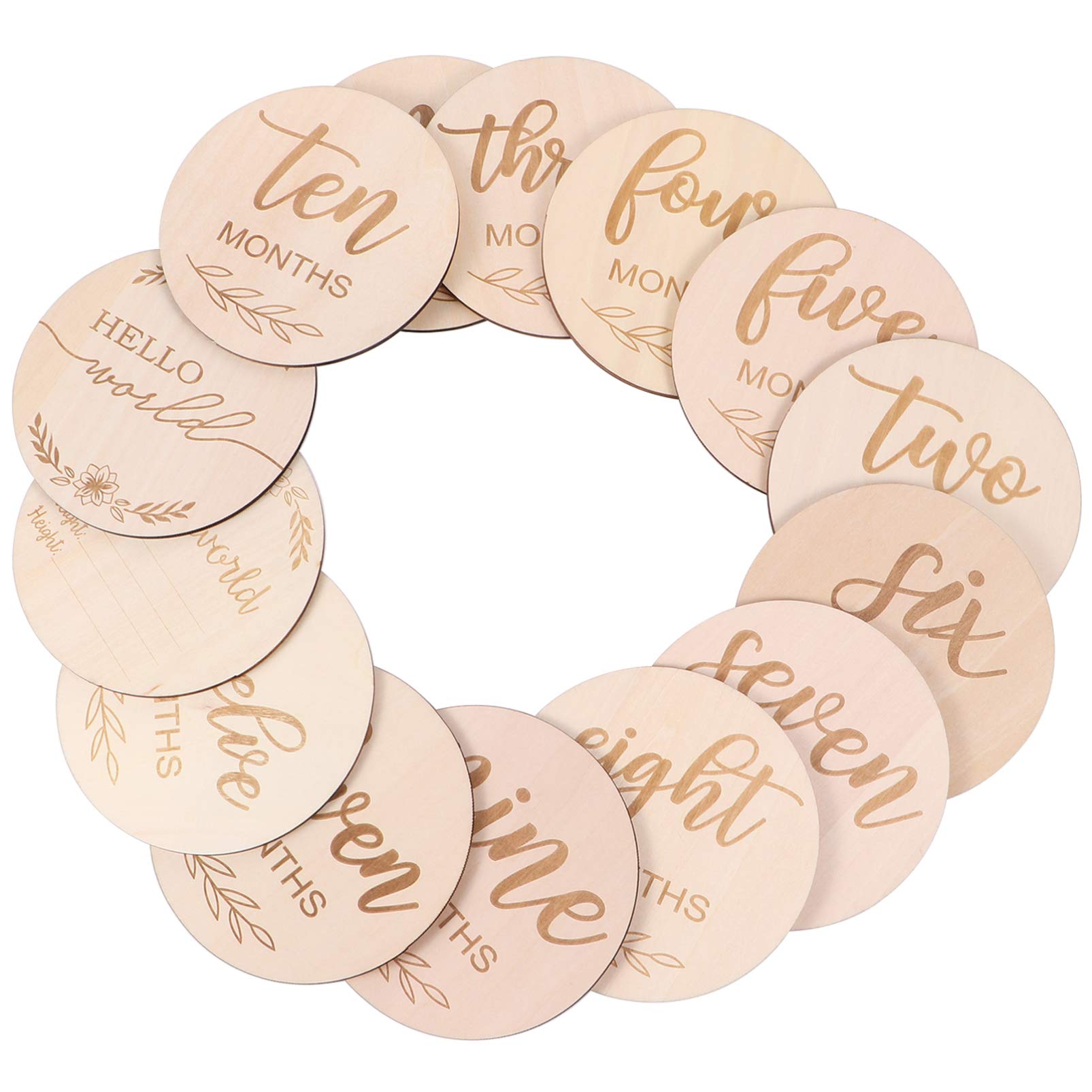 NUOBESTY 14pcs Wooden Baby Monthly Cards Newborn Milestone Discs for Baby Shower Photo Props
