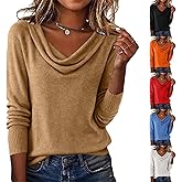 Cozy Cowl Neck Cashmere Sweaters for Women Casual Lightweight Ladies Long Sleeve Dressy Knit Soft Pullover Wool Cotton Sweater Tops Warm Cute Fall Winter Plus Size Khaki Christmas Outfits
