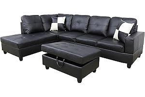 AYCP Sectional Sofa with Chaise and Storage Ottoman|3-Piece Contemporary L Shape Couch Living Room Furniture|Faux Leather Upholstery|High-Density Memory Foam Cushion|(2) Toss Pillows(Left Facing, Black)