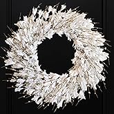 Bibelot 22inch Artificial Forsythia Flower Wreath Spring Summer Fall Wreath Silk Leaves for Front Door Decoration Porch Farmhouse Patio Garden Home Decor (White)