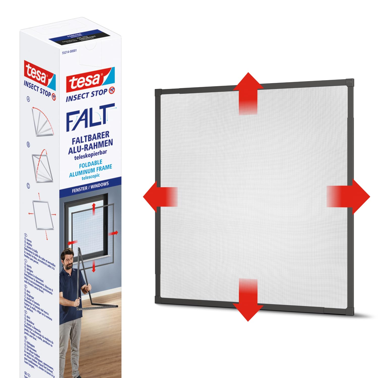 tesa INSECT STOP FALT Aluminum Frame for Windows - Foldable Alu Frame - Fly Screen - with Adjustable Telescopic Frame - 80 cm x 80 cm to 140 cm x 140 cm - Anthracite — image 1