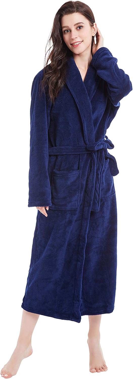 Women's Fleece Bathrobe Long Shawl Collar Plush Robe (XL, Navy Blue
