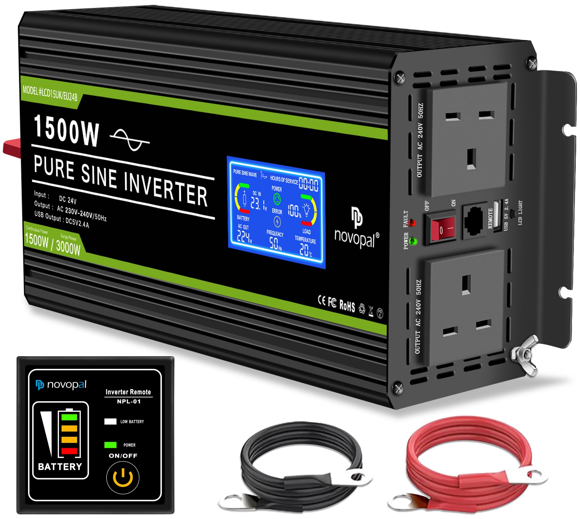 NOVOPAL 1500W Pure Sine Wave Inverter 24V to 230V 240V Car Power Converter with LCD Display, 2AC Outlets and USB Port,Remote Control for Motorhomes, Truck, Boat, Camping, Household, Van