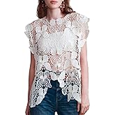 Arssm Womens Hollow Out Floral Lace Vest Crewneck See Through Tank Top Loose Fit Summer Crochet Cover Up