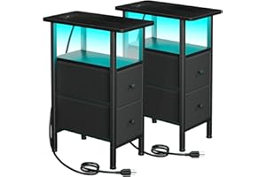 LOAKEKEL Narrow Side Table with Charging Station, End Tables Living Room Set of 2, Skinny Nightstand with Fabric Drawers, Sli