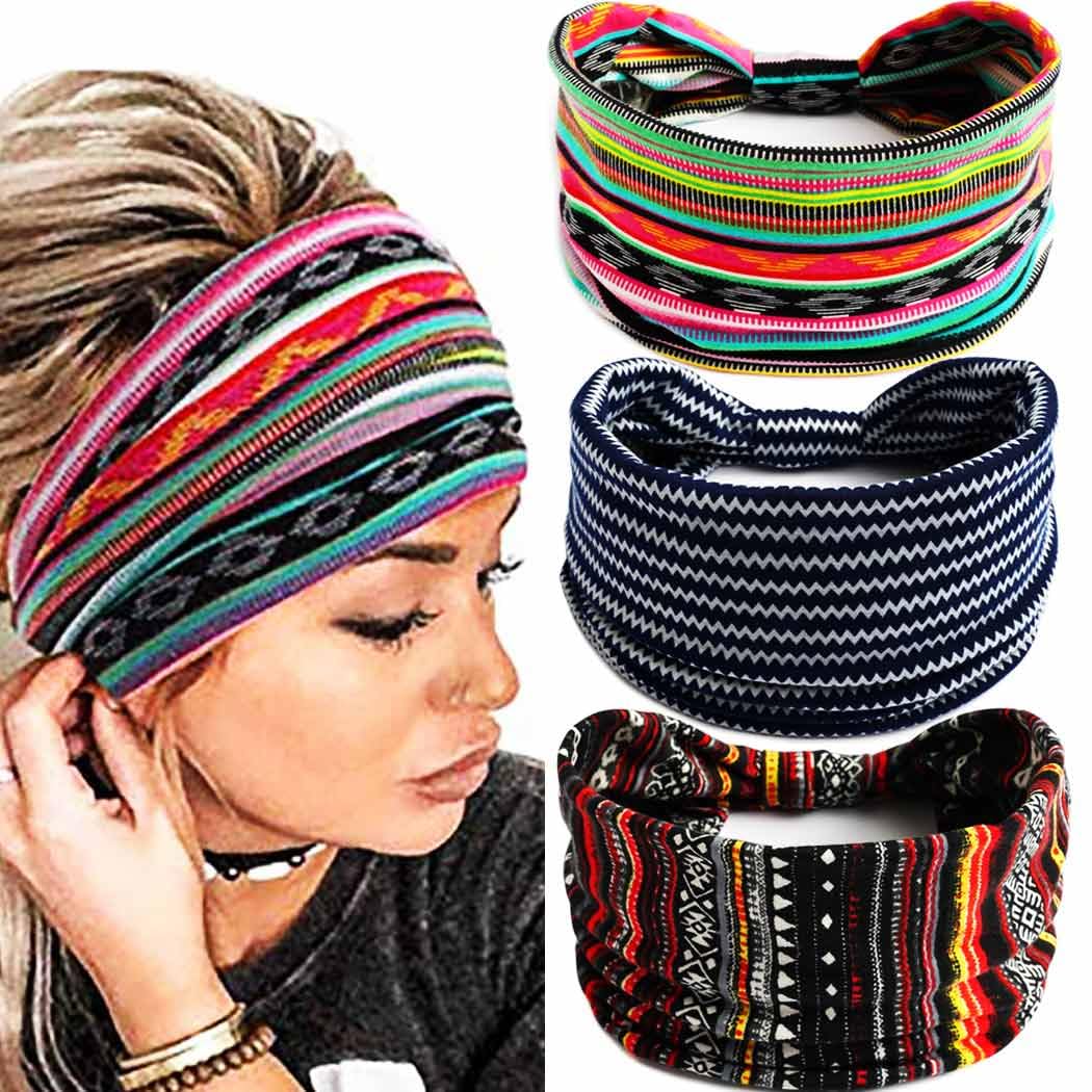 Zoestar Boho Wide Stripe Headbands Black Yoga Head Scarfs Knotted Turban Hair Bands Vintage Stylish Head Wraps Elastic Thick Fashion Hair Accessories for Women and Girls(Pack of 3) (A)