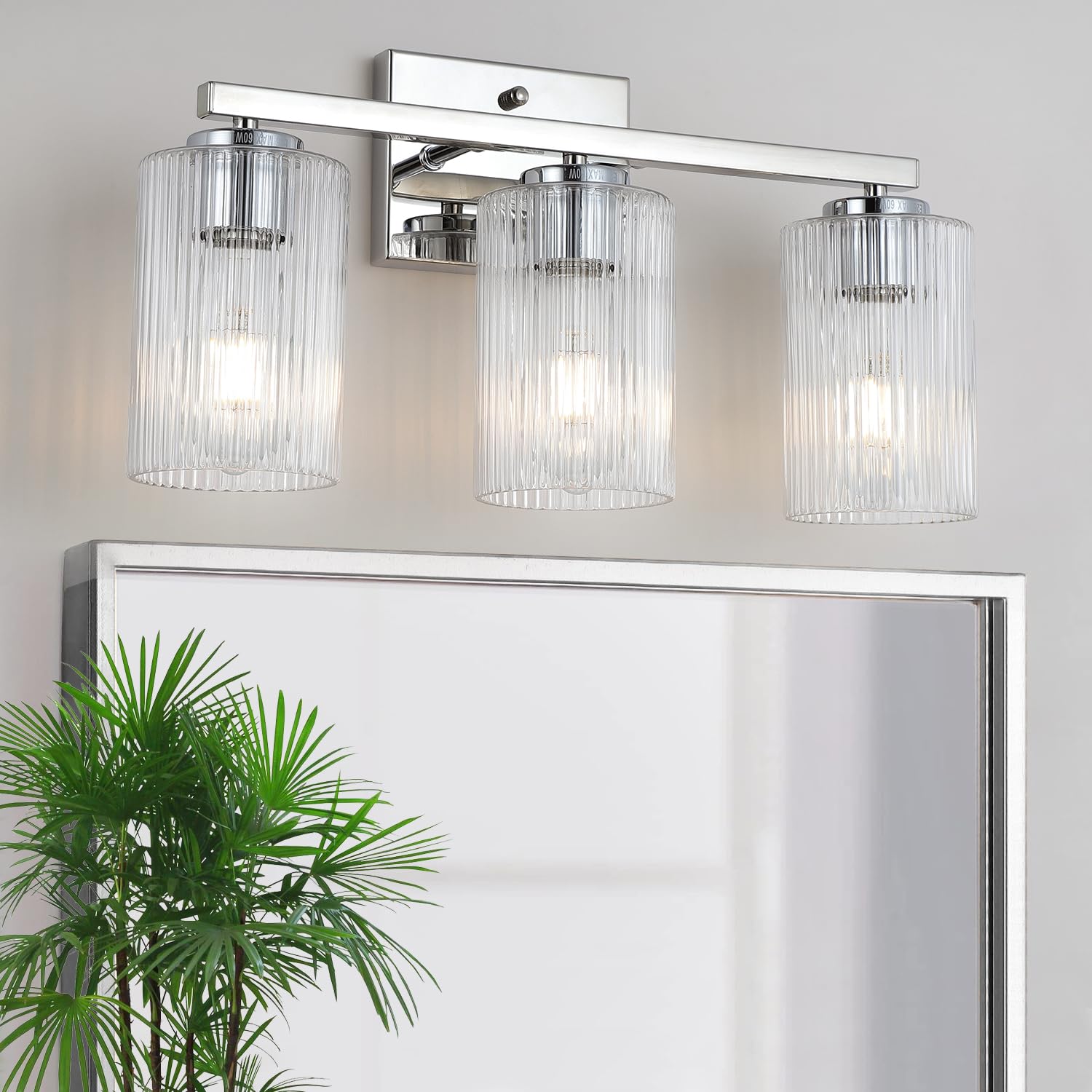 Photo 1 of huong son 3 Light Silver Chrome Bathroom Vanity Light Over Mirror, Modern Vanity Lighting with Texture Glass Shade, Wall Mount Bathroom Light Fixtures, E26 Base