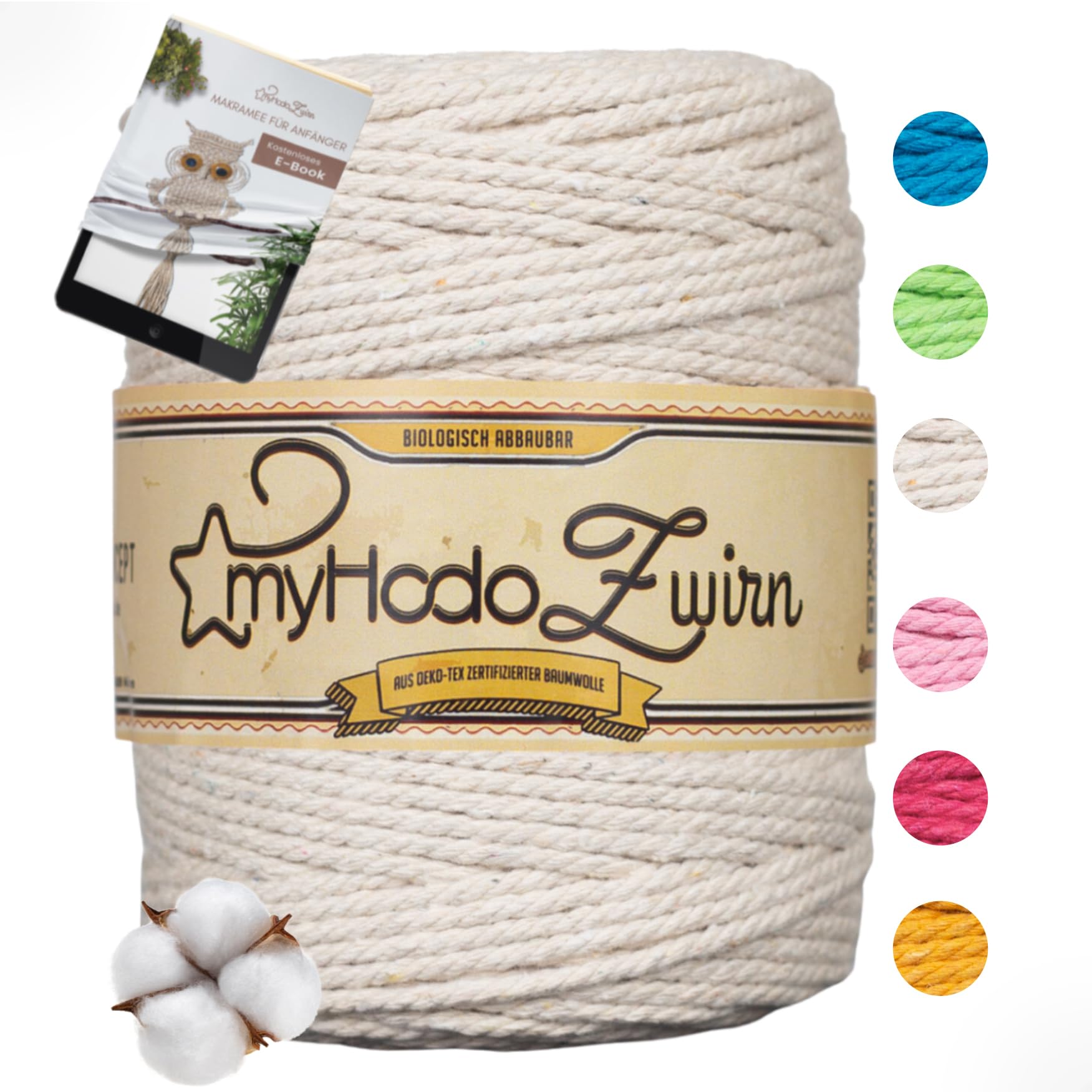 myHodo Premium Macrame Cord 3mm x 135m, OEKO-TEX Certified Cotton, Soft & Durable Yarn, 100% Plastic-Free Packaging – Ideal for Wall Hangings, Plant Holders & DIY Projects
