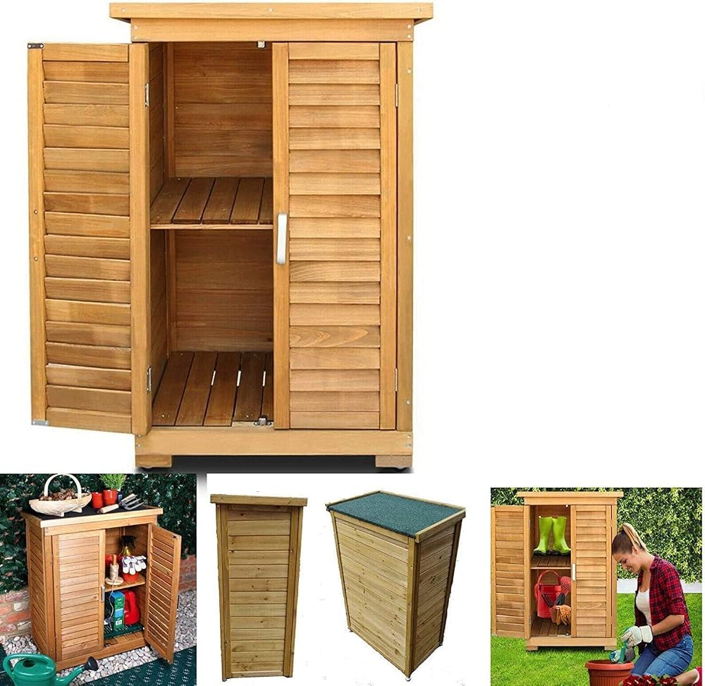 FEFE Wooden Outdoor Garden Tool Storage Shed Cabinet Shelf Double Doors Hinged