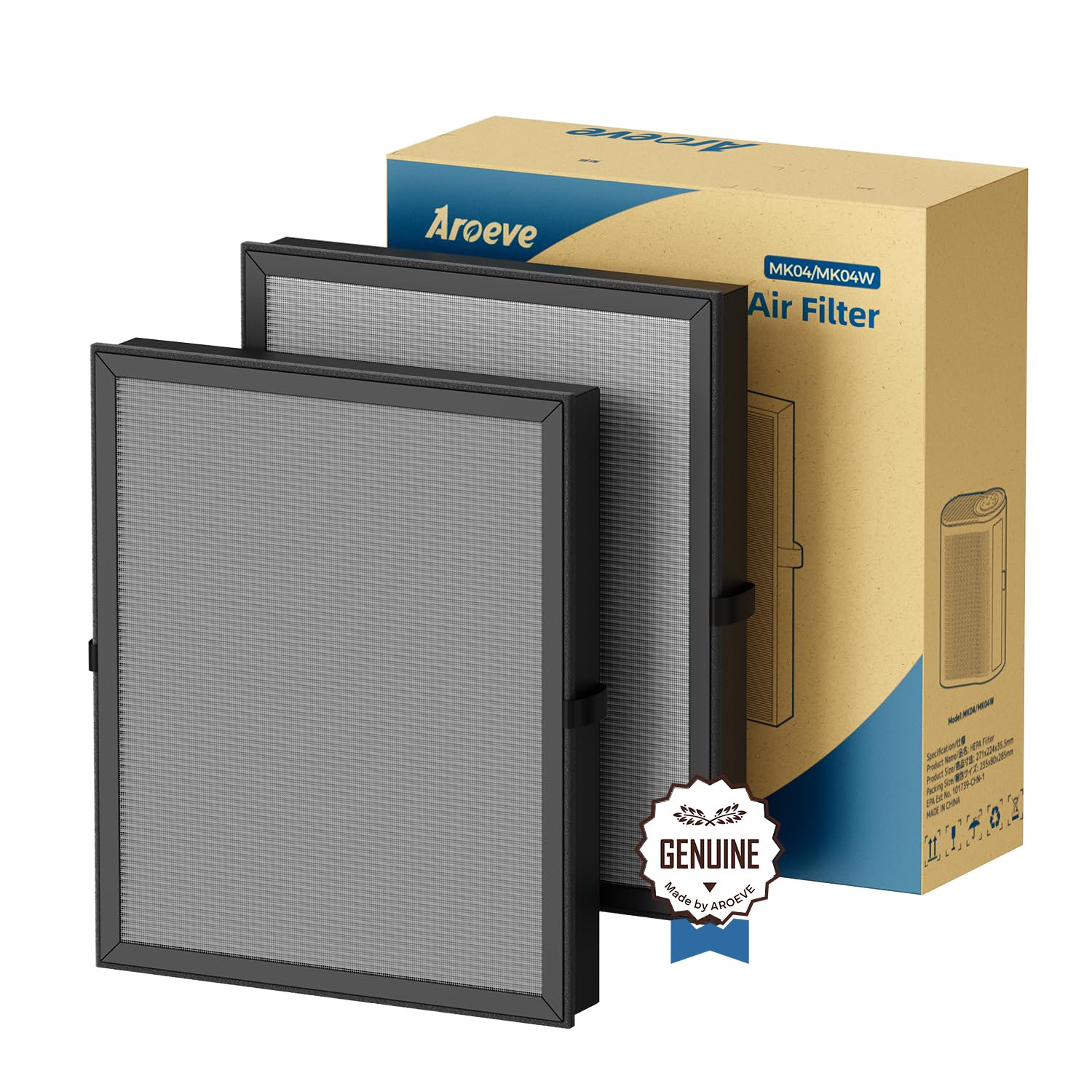 AROEVE MK04 Air Purifier Replacement Filter, AS-Sorb Material 4-in-1 True HEPA with Activated Carbon Blend, Against Ash for Smoke, Odors and VOCs, Pack of 2 - Grey (Improved Smoke Removal Version)
