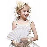 Zinniday Girls Fascinator Tea Hat - Tea Party Set for 1920s Costume Party, Off White Church Top Hats with Pearl Necklace Earring Hand Fan and Lace Gloves Set