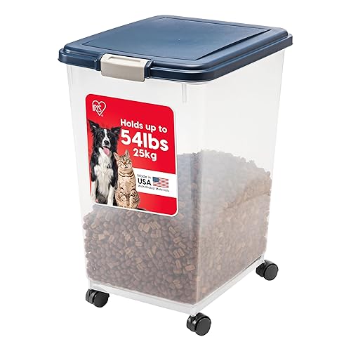 IRIS USA Dog Food Storage Container, Up to 54 Pounds, Attachable Wheels, For Dog Cat Bird and Other Pet Food Storage Bin, Keep Fresh, Easy Mobility - Made in USA, Nav
