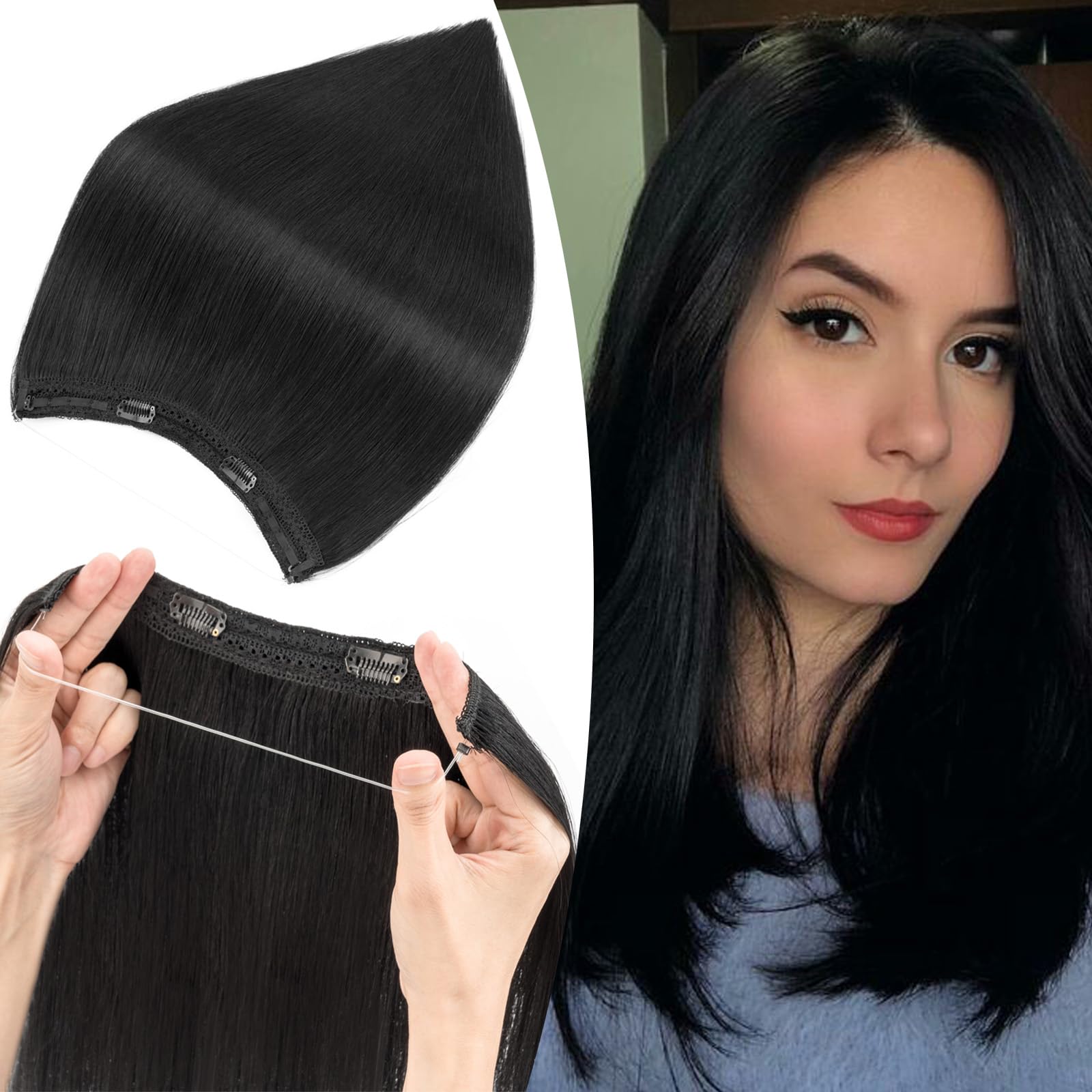 S-noilite Wire Hair Extensions Human Hair Jet Black Invisible Fish Line Hair Extensions Real Hair One Piece Human Hair Extensions 18 Inch 65g — image 1