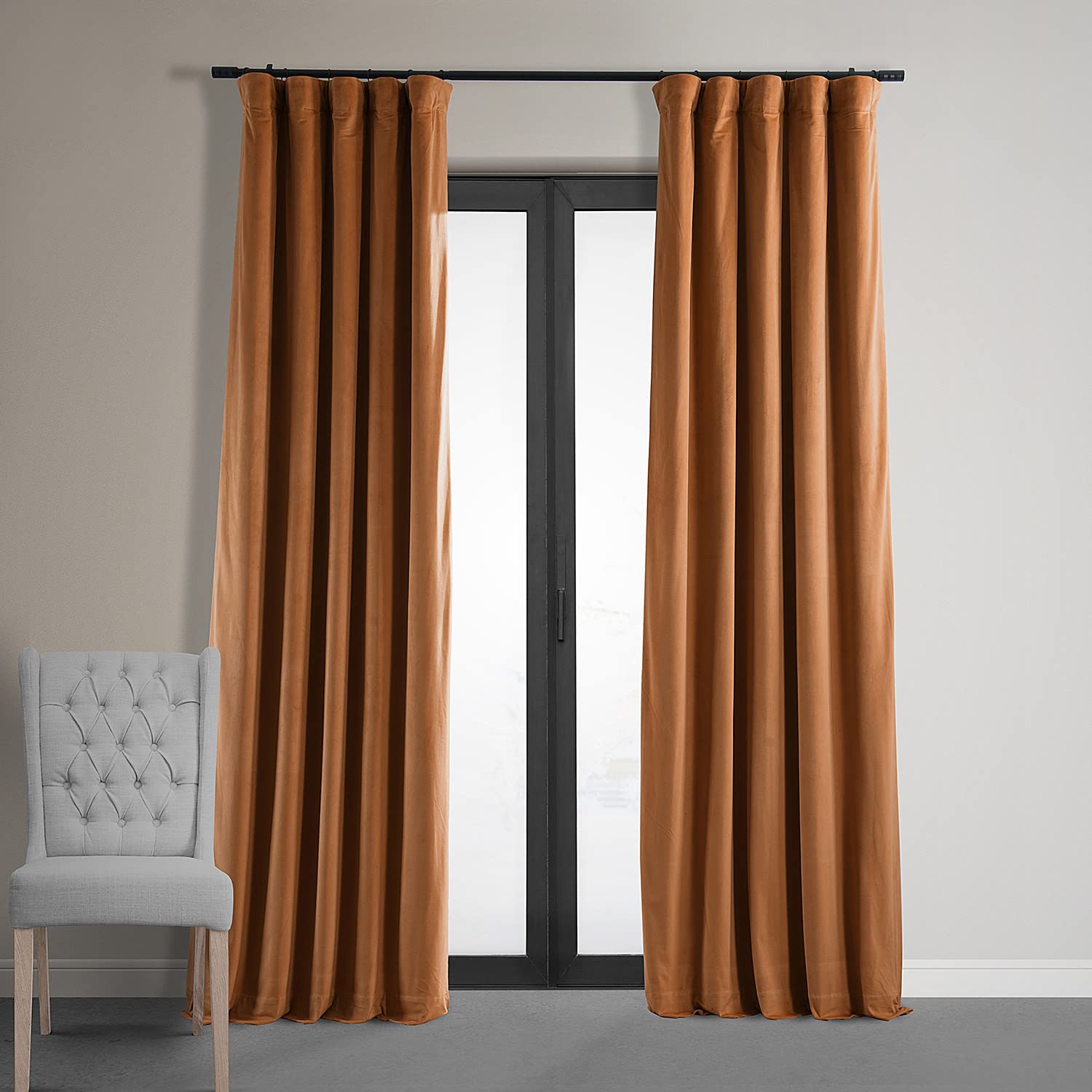 HPD Half Price Drapes Signature Velvet Thermal Blackout Curtains for Living Room 120 Inch Long (1 Panel) Rod Pocket Insulated Blackout Curtains for Bedroom Window Curtains, 50W x 120L, Burnt Pumpkin
