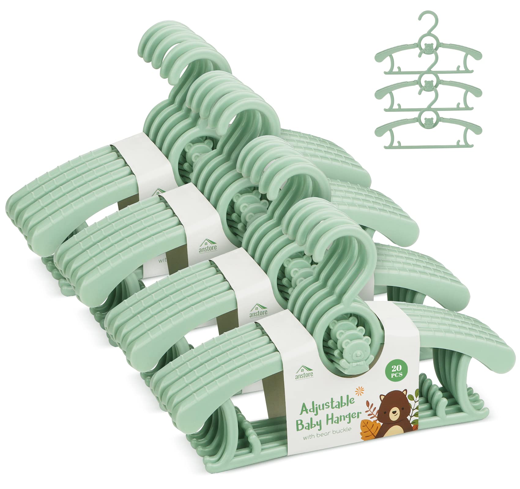 Anstore Children's Clothes Hangers, Pack of 20, Growing Children's Clothes Hangers, Space-Saving with Stackable Bear Hooks, Non-Slip Hangers for Babies and Toddlers, Green