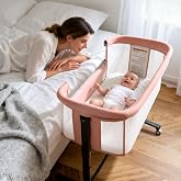 Kinder King Baby Bassinet Bedside Sleeper, Adjustable Heights, Pink | Newborn Baby Bedside Crib w/Wheels, All-Sided Mesh, Removable Soft Mattress, No Tool to Install, Easy to Clean, 0-6 Months