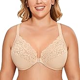 DELIMIRA Women's Front Closure Plus Size Full Coverage Lace Underwire Racerback Bra