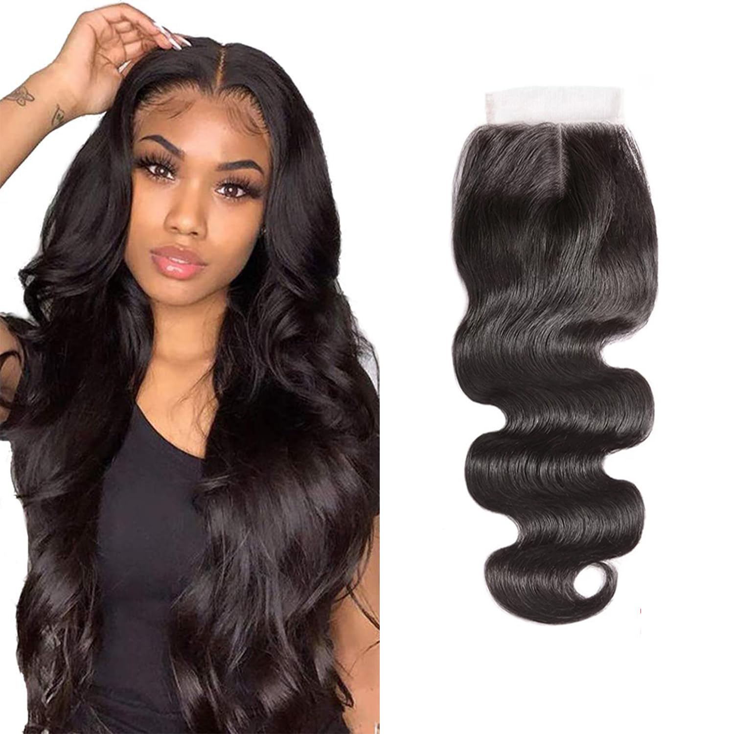 6x6 Closure Human Hair Body Wave 6x6 Free Part Closure Transparent Lace Closure Brazilian Virgin 100% Unprocessed Human Hair With Baby Hair Natural Color 10 Inch — image 1