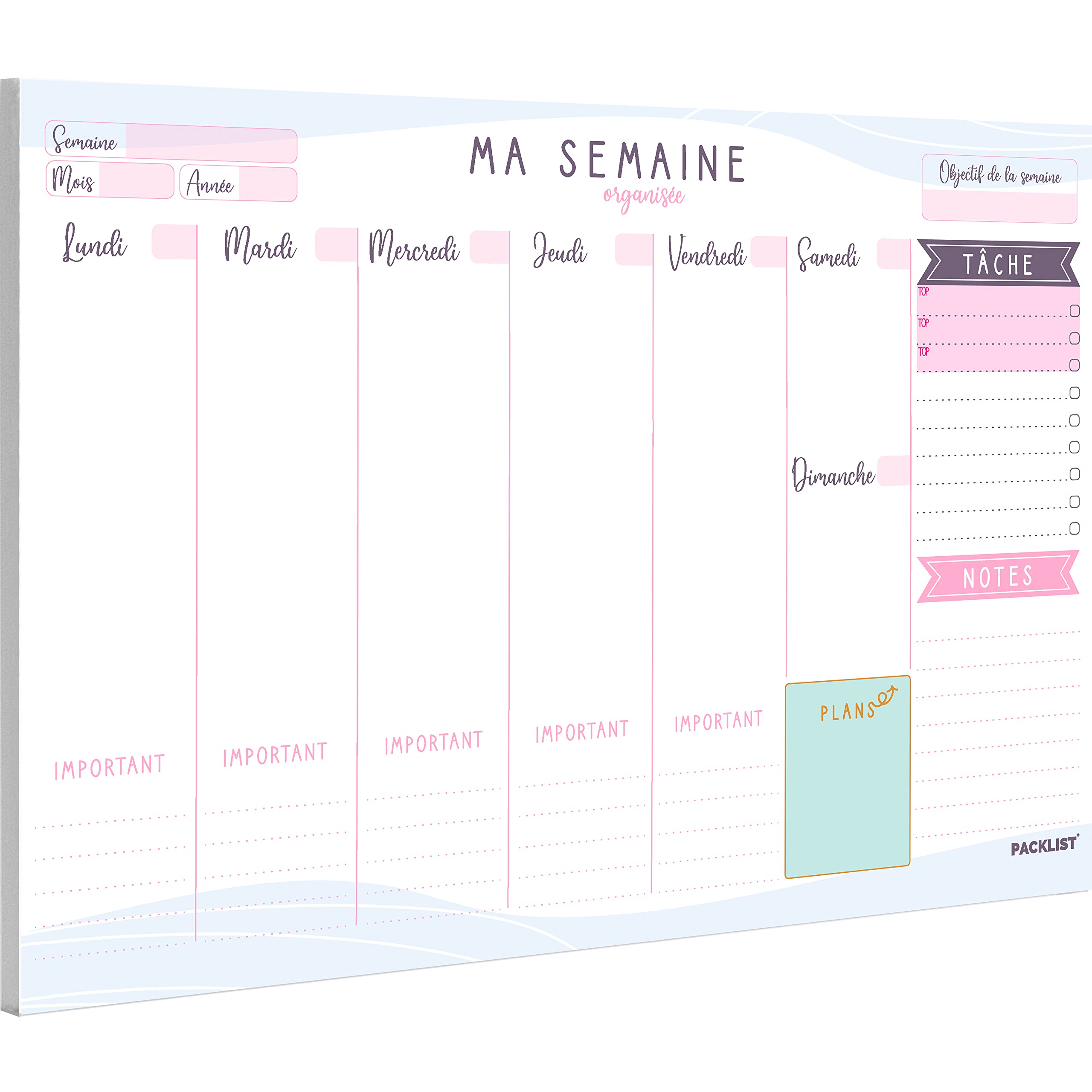 PACKLIST® Planning Semaine A4 - Planificateur Hebdomadaire & Agenda Semainier Français. Weekly Planner Bloc Notes To Do List. Design pour S'organiser Facilement! — image 1