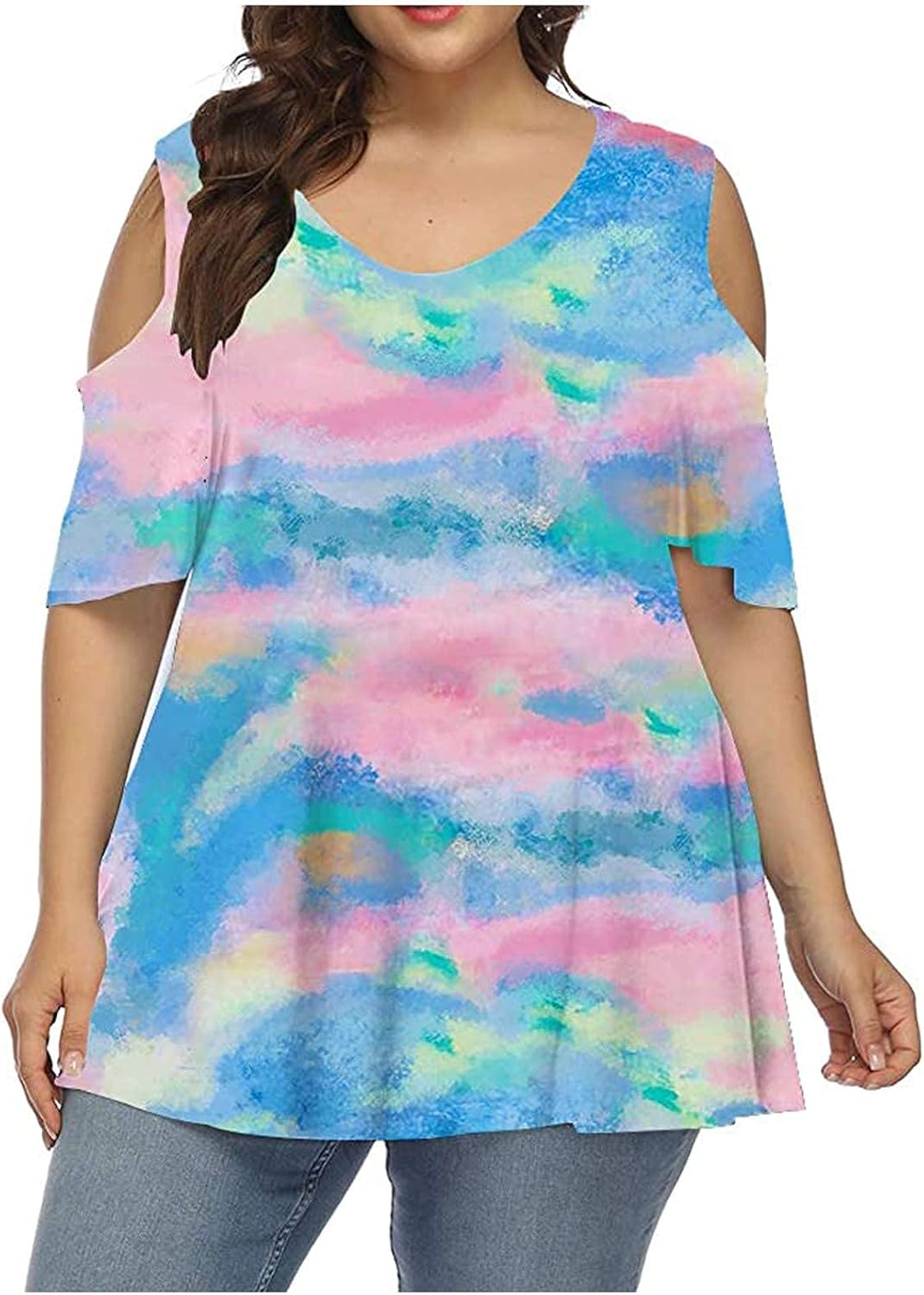 Plus Size Women Tops TieDye Printing Short Sleeves Round Neck Cold Shoulder T Shirts Fashion