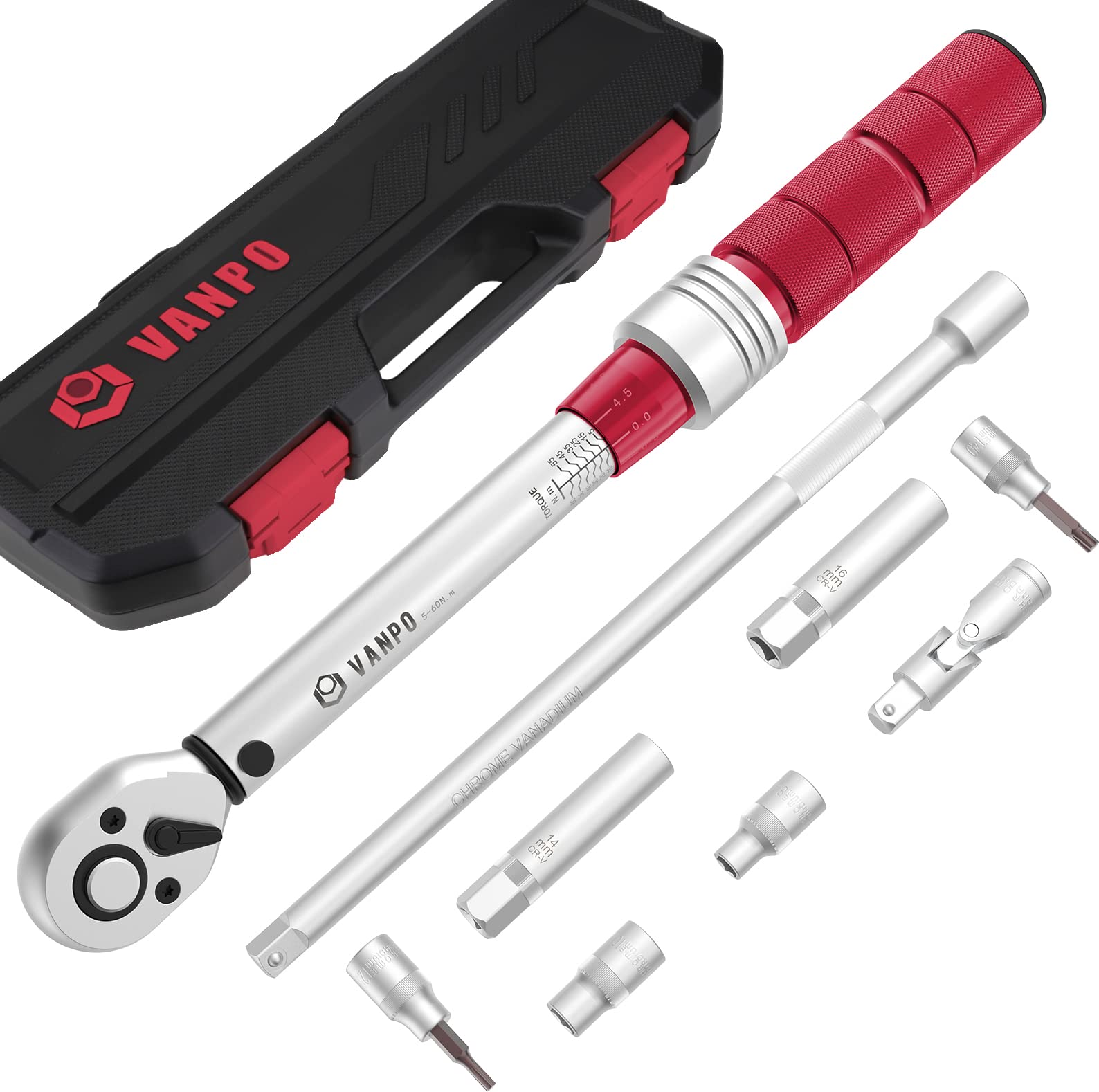 vanpo Torque Wrench 3/8 Inch, 5-60 Nm Bicycle & Motorcycle Torque Wrench Set, ±3 Percent Error Accuracy with 250 mm Extension Rod, Universal Joint, Magnetic Spark Plug Sleeve, Bits and Socket, Red