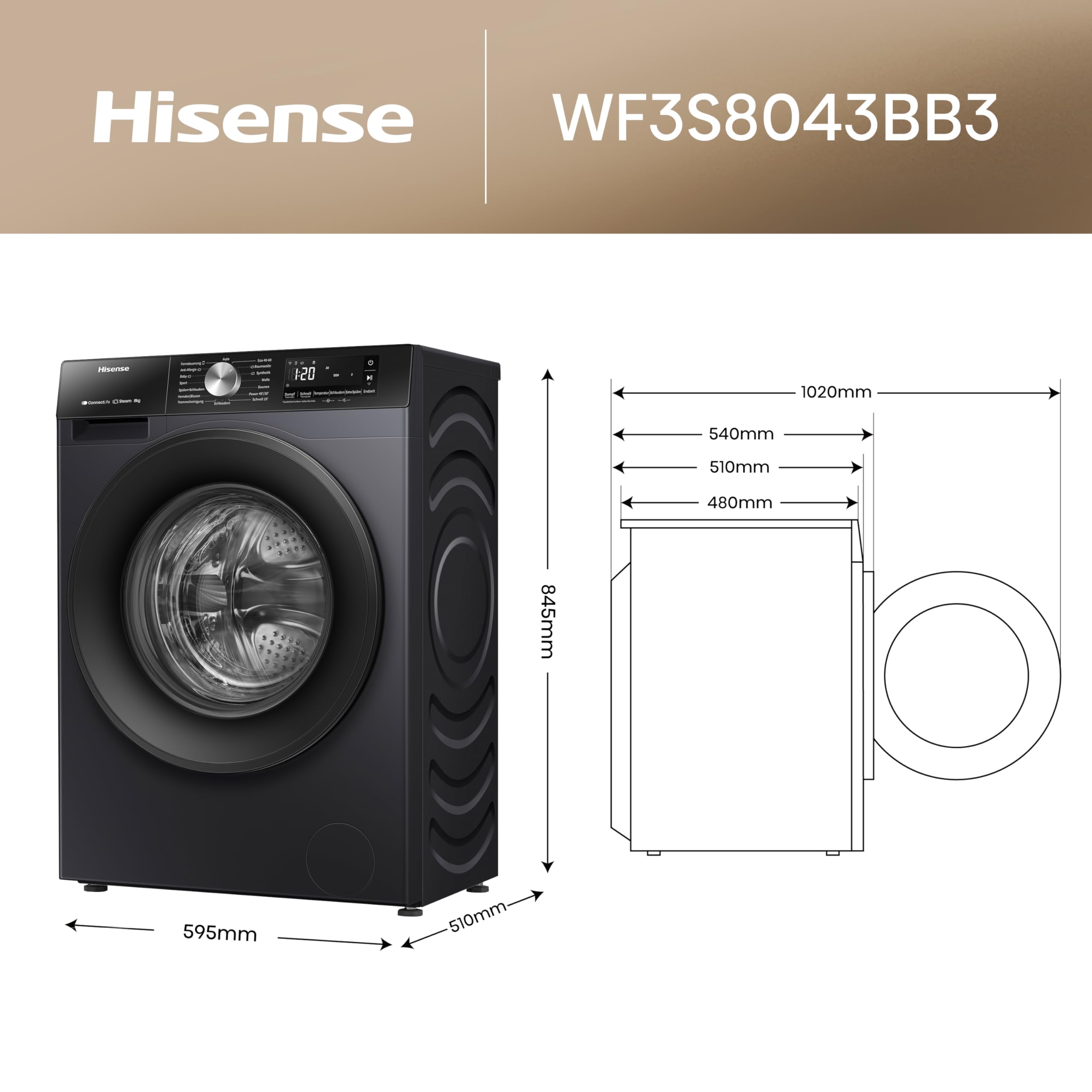 Hisense WF3S8043BB3 Waschmachine mit Dampffunkunktion, 8 kg, 1400 U,min, WIFI, ConnectLife, Power JetWash, Anti-Allergie Programm, Aqua Stop, Auto Wash, Quick Wash, EEK A-30 Prozent 2