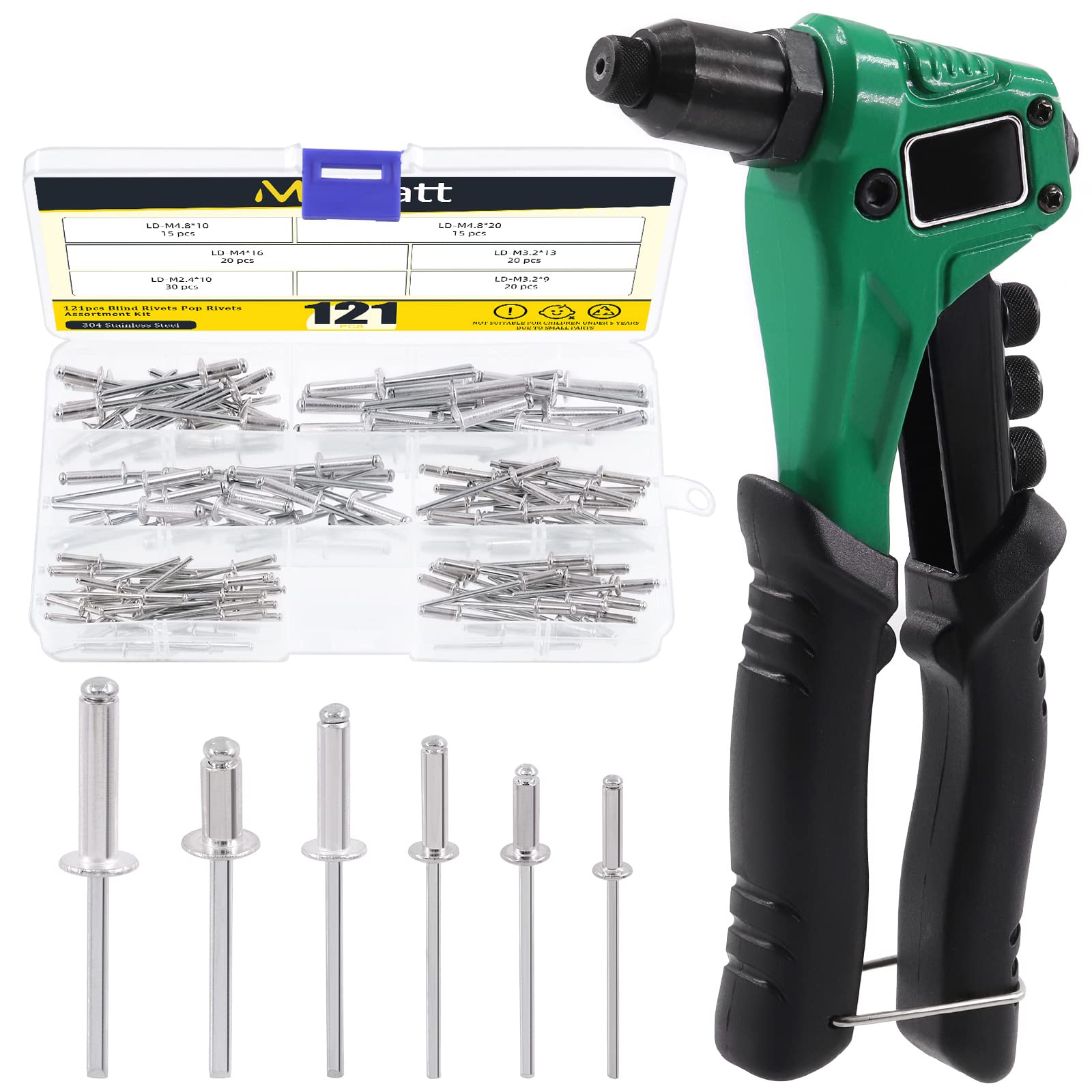 Mardatt 121Pcs Single Hand Rivet Gun with 6 Interchangeable Rivet Heads, M2.4 M3.2 M4 M4.8 Aluminum Manual Pop Rivets Tool-Free Drill Bit Heavy Duty Riveter Tool for Automotive Metal Sheets Repair