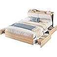 LIKIMIO Queen Bed Frames with Hidden Storage Headboard, Camas Queen with Charging Station and 4 Drawers, Sturdy and Noiseless, No Box Spring Needed, Wood Color