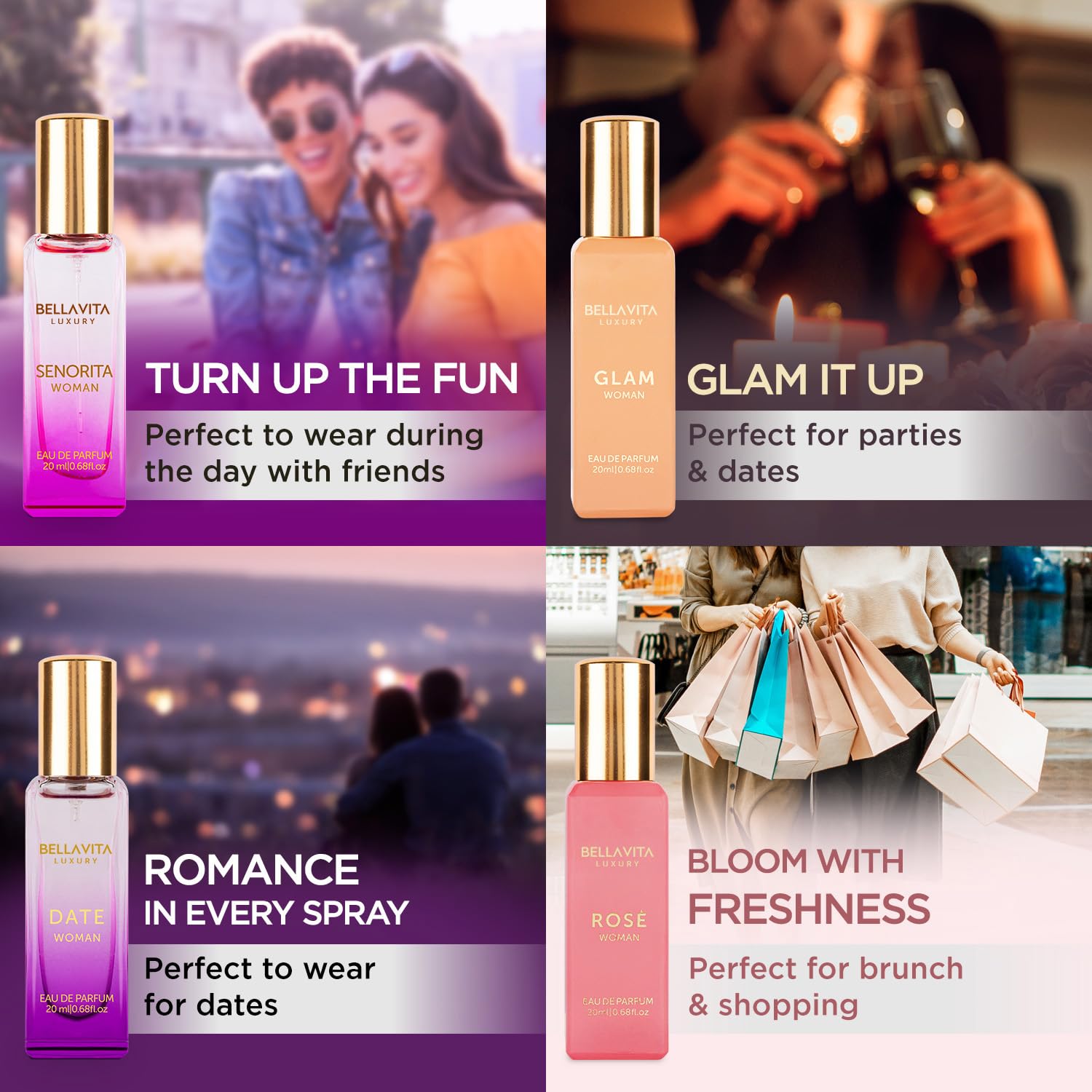 BellaVita Luxury Women's Perfume Gift Set (4x20ml) | Notes of Floral, Sweet, Spicey Red Fruit, Vanilla & Musk | DATE, SENORITA, GLAM & ROSE | French Parfum Collection Gift Set