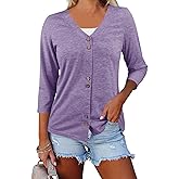 Dailiup Women's V Neck 3/4 Sleeve T-Shirts Button Down Cardigans Casual Solid Tunic Tops Basic Tees Blouses
