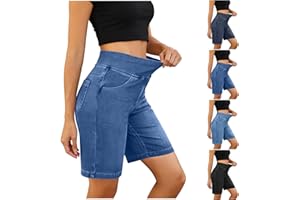 Bacrelax Womens Jean Shorts High Waisted Stretchy Elastic Waist Tummy Control Pull On Denim Bermuda Shorts with Pockets