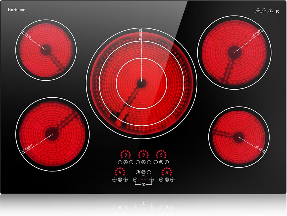 Karinear Electric Cooktop 30 Inch, Upgrade 5 Burners Electric Stove Top | Triple Ring Expandable Burner, Built-in Ceramic Coo