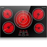 Karinear Electric Cooktop 30 Inch, Upgrade 5 Burners Electric Stove Top | Triple Ring Expandable Burner, Built-in Ceramic Cooktop, Pause, Timer, Safety Lock, Sensor Touch, 9000W, 220-240V Hardwire
