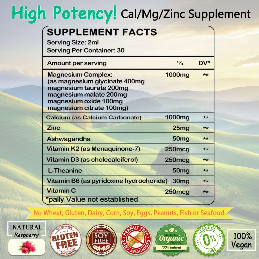 AMENQ hHEALTH Calcium Magnesium Zinc with Magnesium Glycinate 400mg Plus Vitamin C D3 K2 Liquid Drop, High Potency Liquid Calcium Magnesium Supplement for Bone, Muscle, Immune, Mood, Sleep