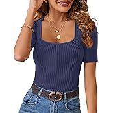 MEROKEETY Women's Summer Ribbed T Shirts 2026 Square Neck Short Sleeve Slim Fit Knit Tee Tops Dressy Casual Trendy Clothes