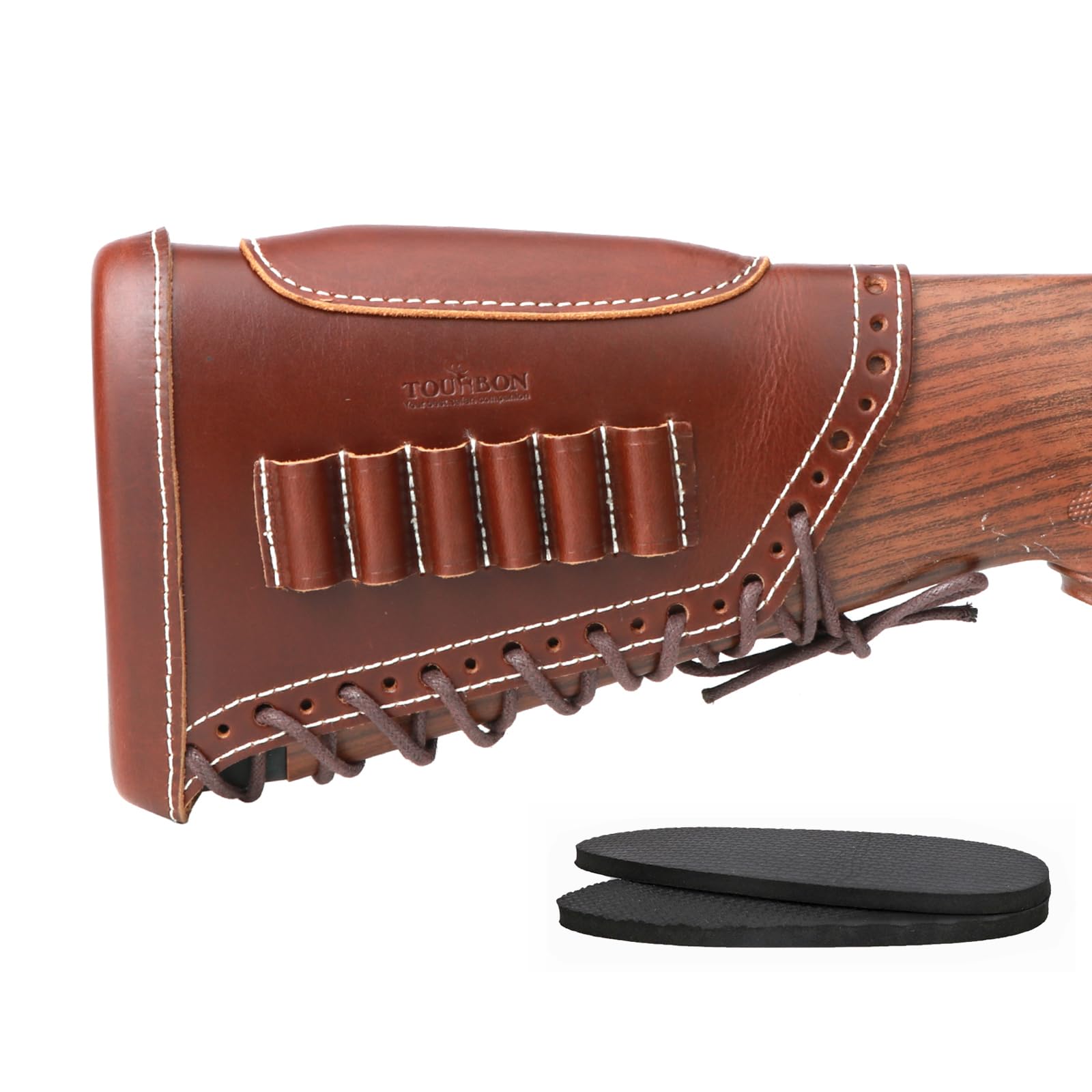 TOURBN Genuine Leather Rifle Buttstock Cheek Rest Recoil Pad 6 Rounds Ammo Holder Pouch