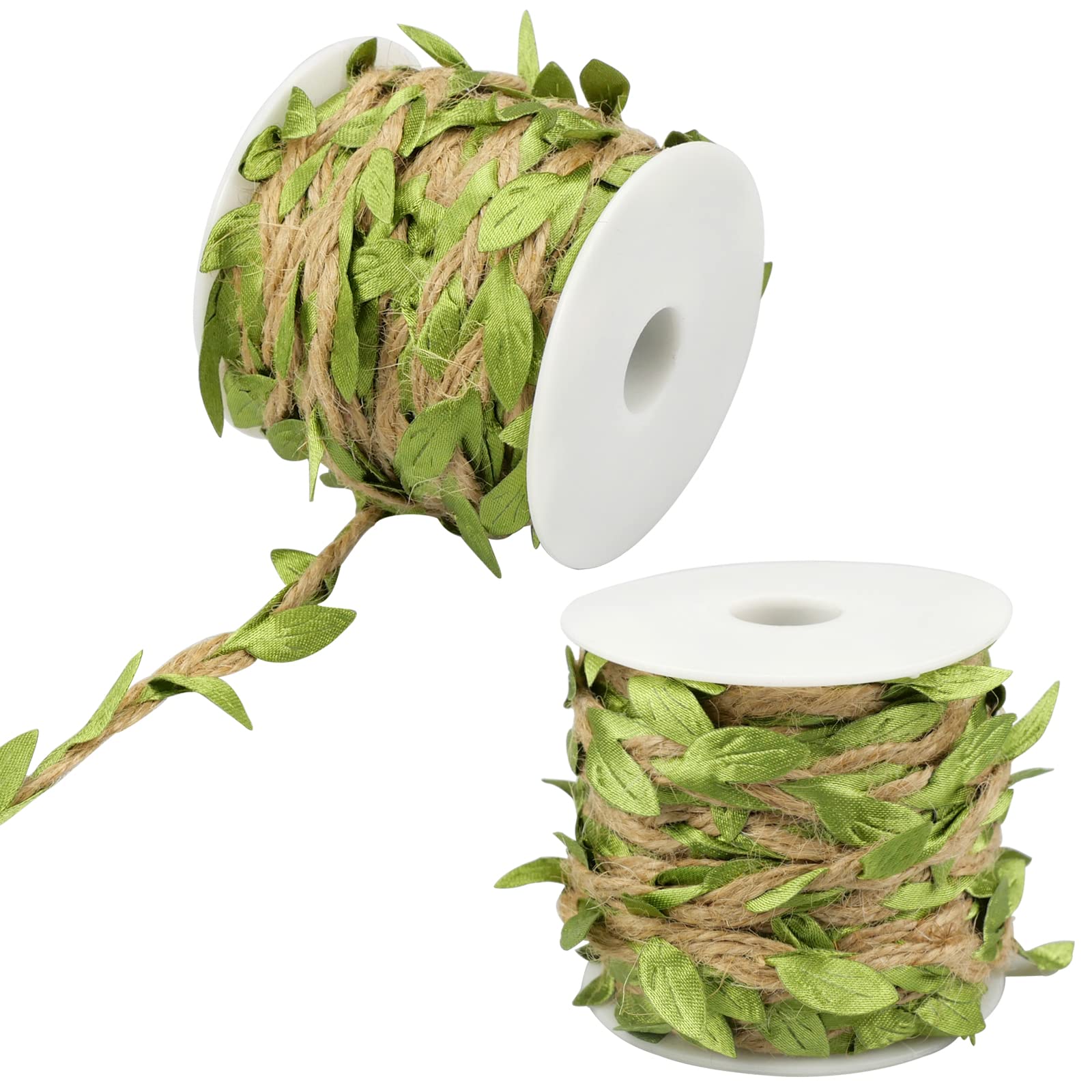 Aupawdy Artificial Vine Fake Foliage Leaf Plant Garland Natural Jute Twine with Green Leaves Leaf Ribbon Burlap Ribbon for Crafts Woven Garlands Home and Wedding Decorations 20m 2 Roll (Green)
