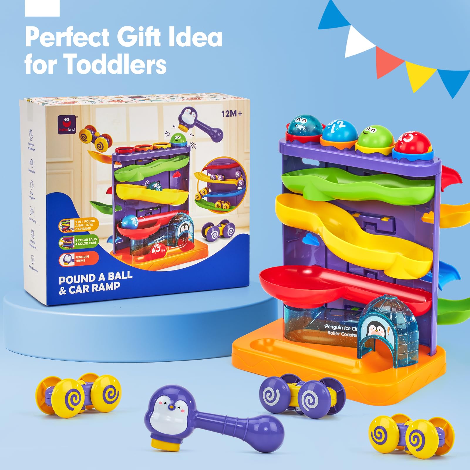 hahaland Toddler Toys for 1 Year Old Boy 2 in 1 Pound Ball Toy & Car Ramp Race Track Learning Early Developmental Montessori Toys for 2 Year Old Christmas Birthday Gifts Stocking Stuffers